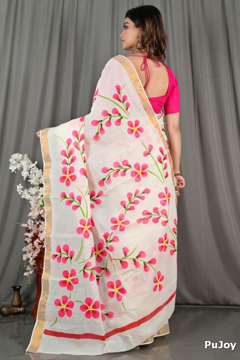 Multi-Coloured Pure Cotton Hataka Hand Painted Saree (9073)