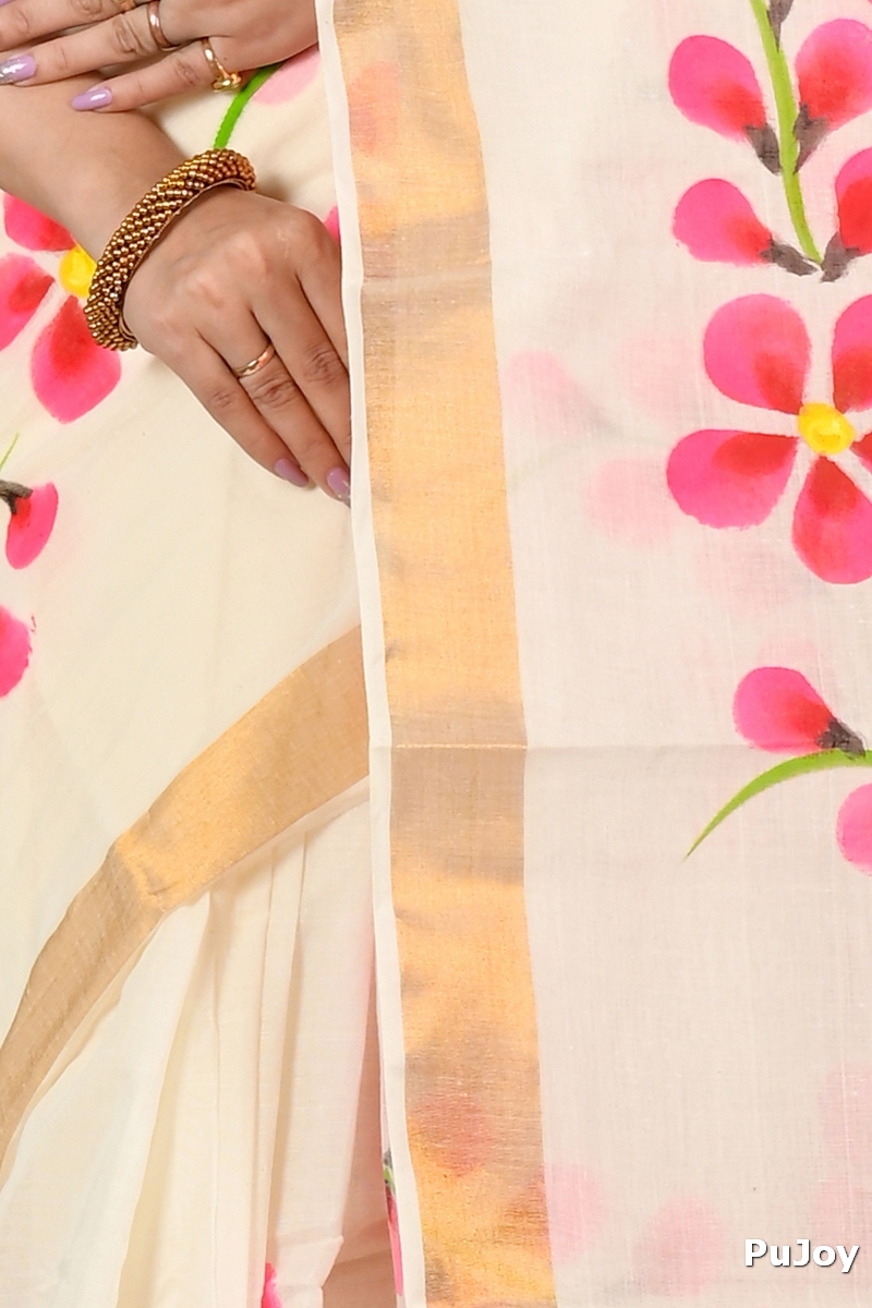 Multi-Coloured Pure Cotton Hataka Hand Painted Saree (9073)