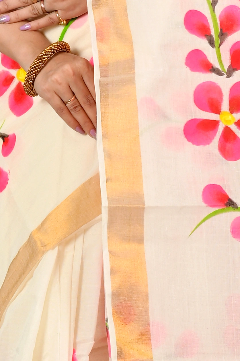 Multi-Coloured Pure Cotton Hataka Hand Painted Saree (9073)