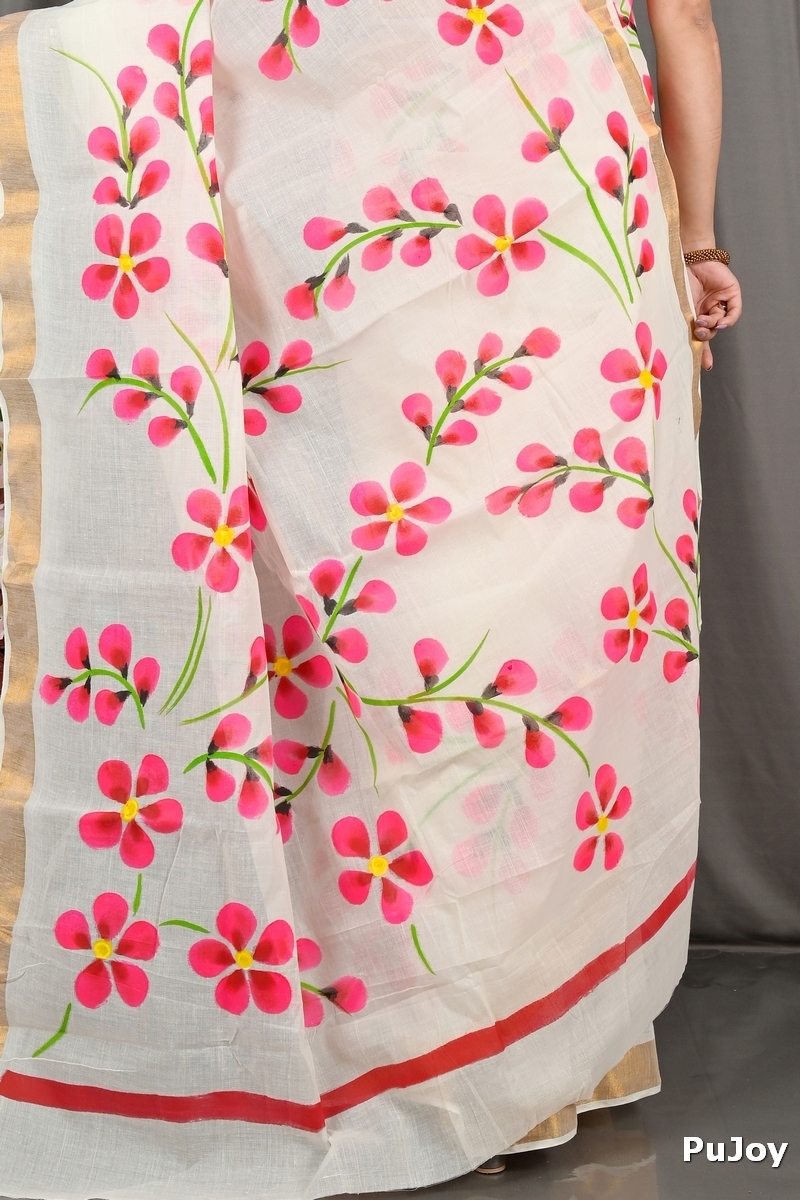 Multi-Coloured Pure Cotton Hataka Hand Painted Saree (9073)
