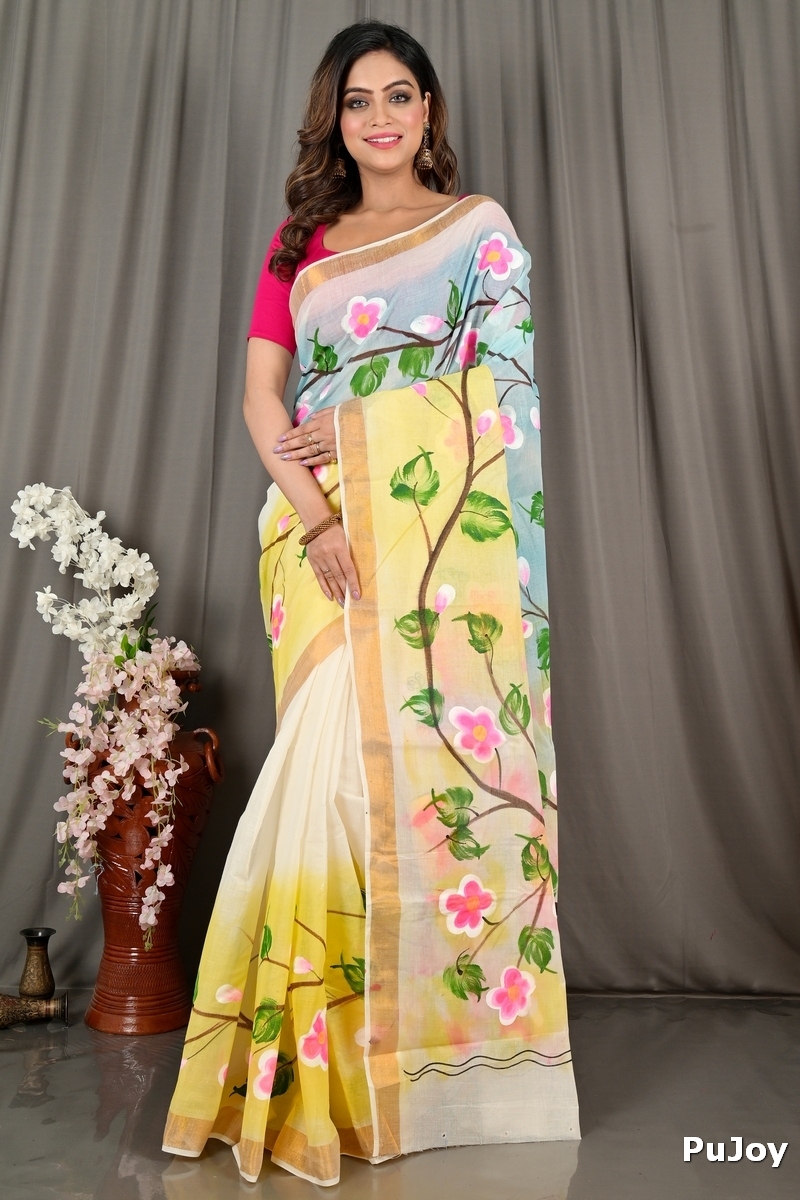 Multi-Coloured Pure Cotton Hataka Hand Painted Saree (9074)
