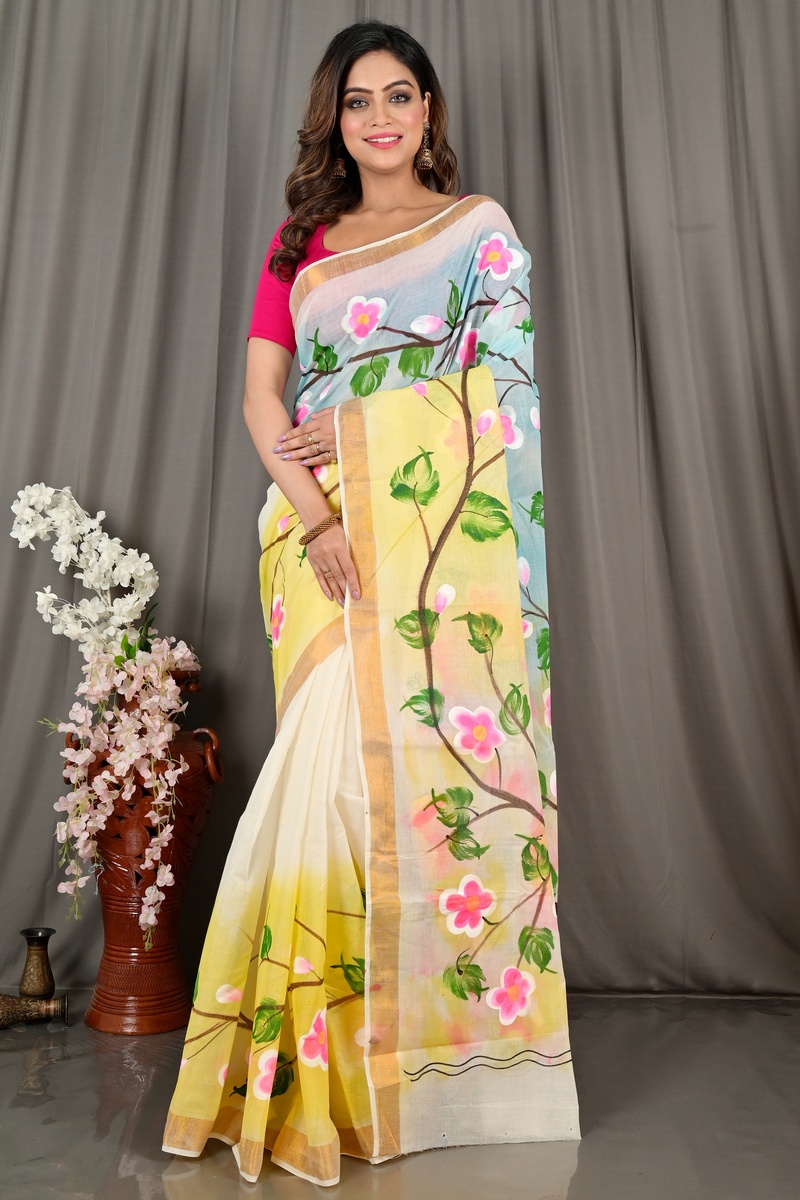 Multi-Coloured Pure Cotton Hataka Hand Painted Saree (9074)