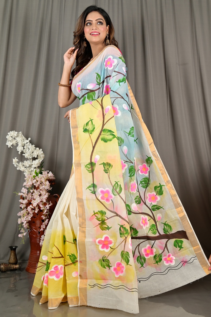 Multi-Coloured Pure Cotton Hataka Hand Painted Saree (9074)