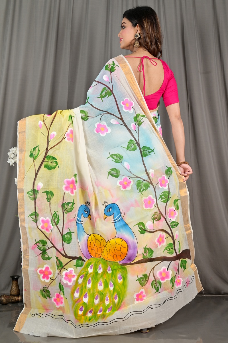 Multi-Coloured Pure Cotton Hataka Hand Painted Saree (9074)