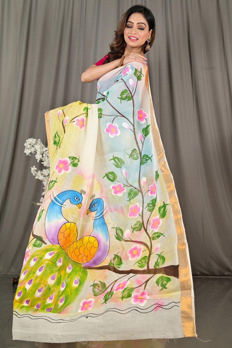 Multi-Coloured Pure Cotton Hataka Hand Painted Saree (9074)