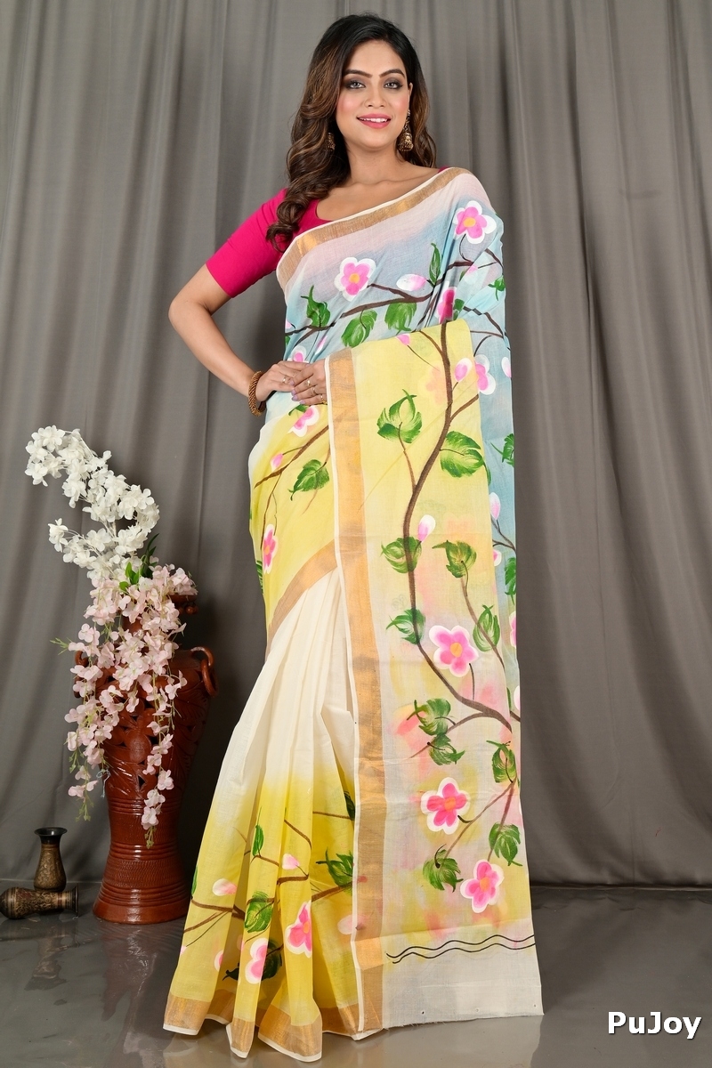 Multi-Coloured Pure Cotton Hataka Hand Painted Saree (9074)