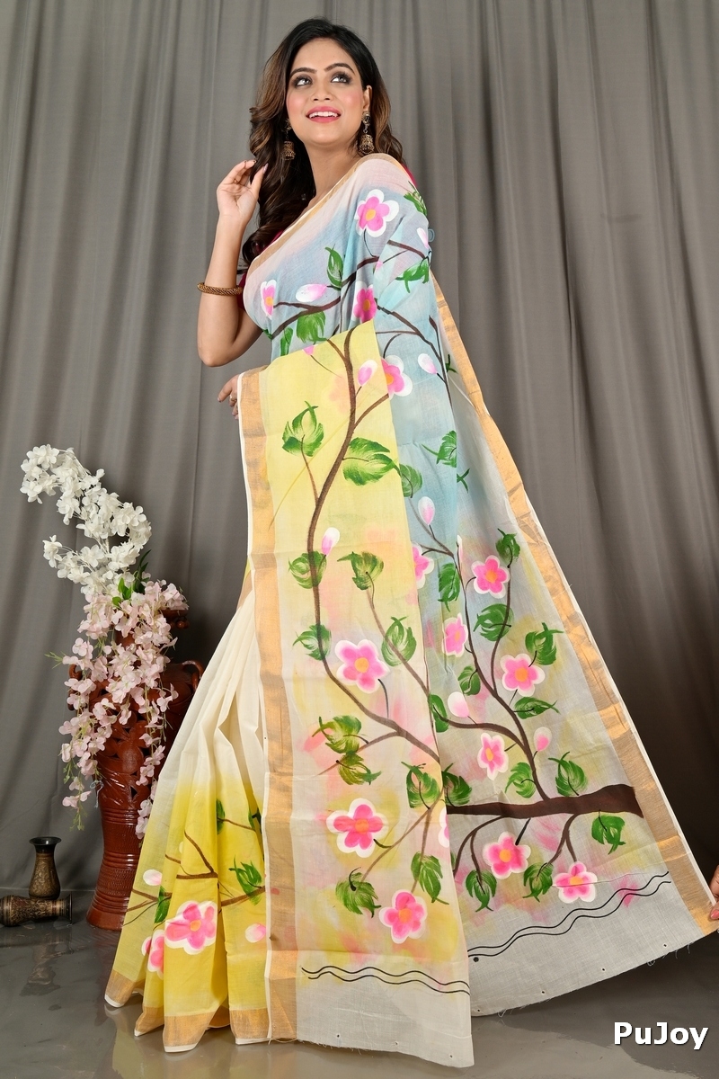 Multi-Coloured Pure Cotton Hataka Hand Painted Saree (9074)