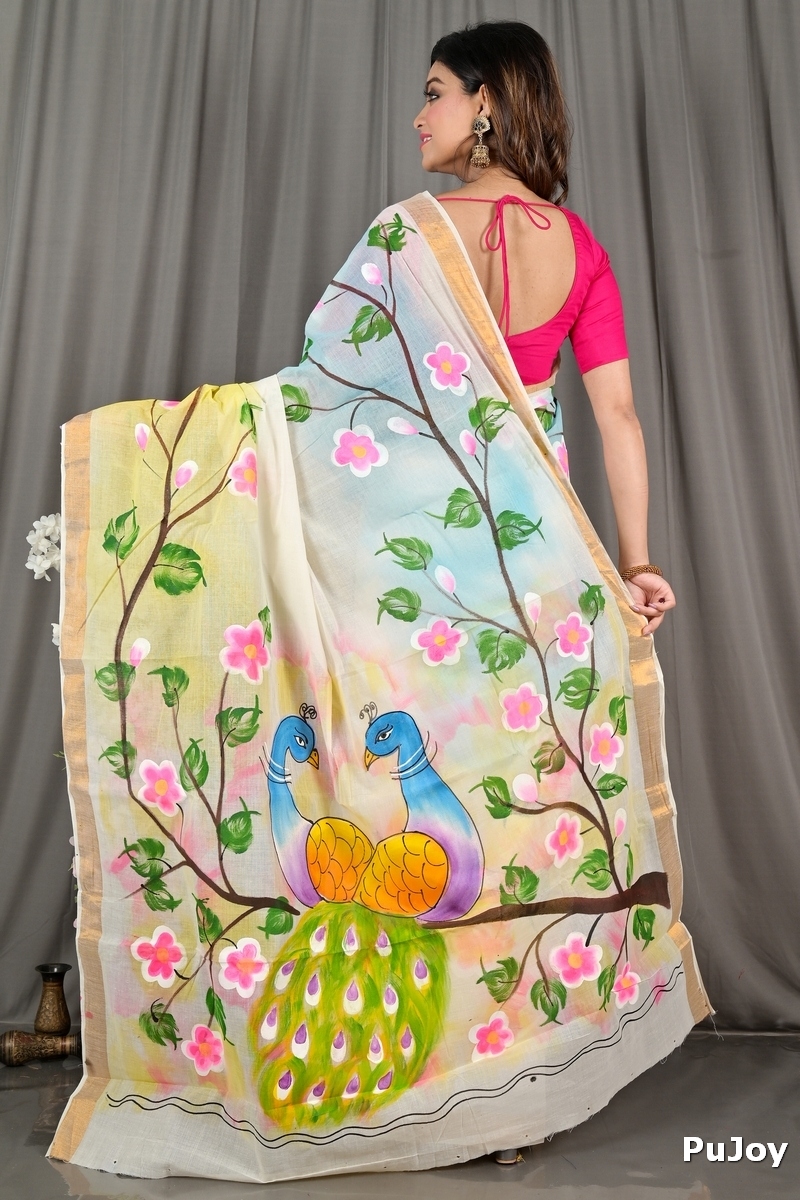 Multi-Coloured Pure Cotton Hataka Hand Painted Saree (9074)