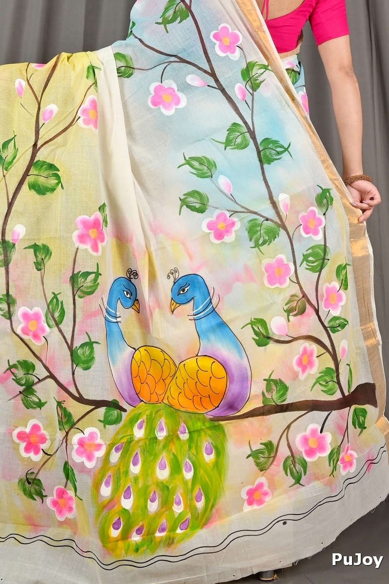 Multi-Coloured Pure Cotton Hataka Hand Painted Saree (9074)