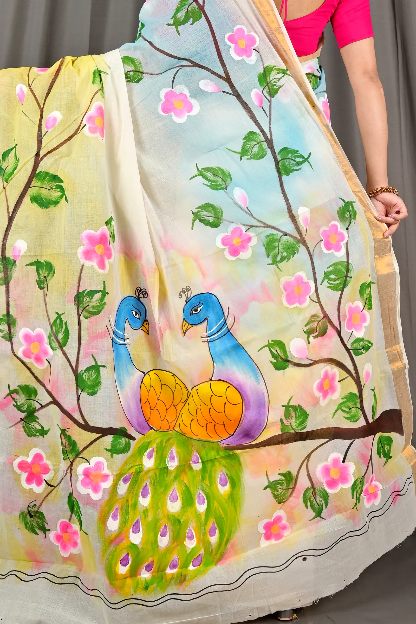 Multi-Coloured Pure Cotton Hataka Hand Painted Saree (9074)