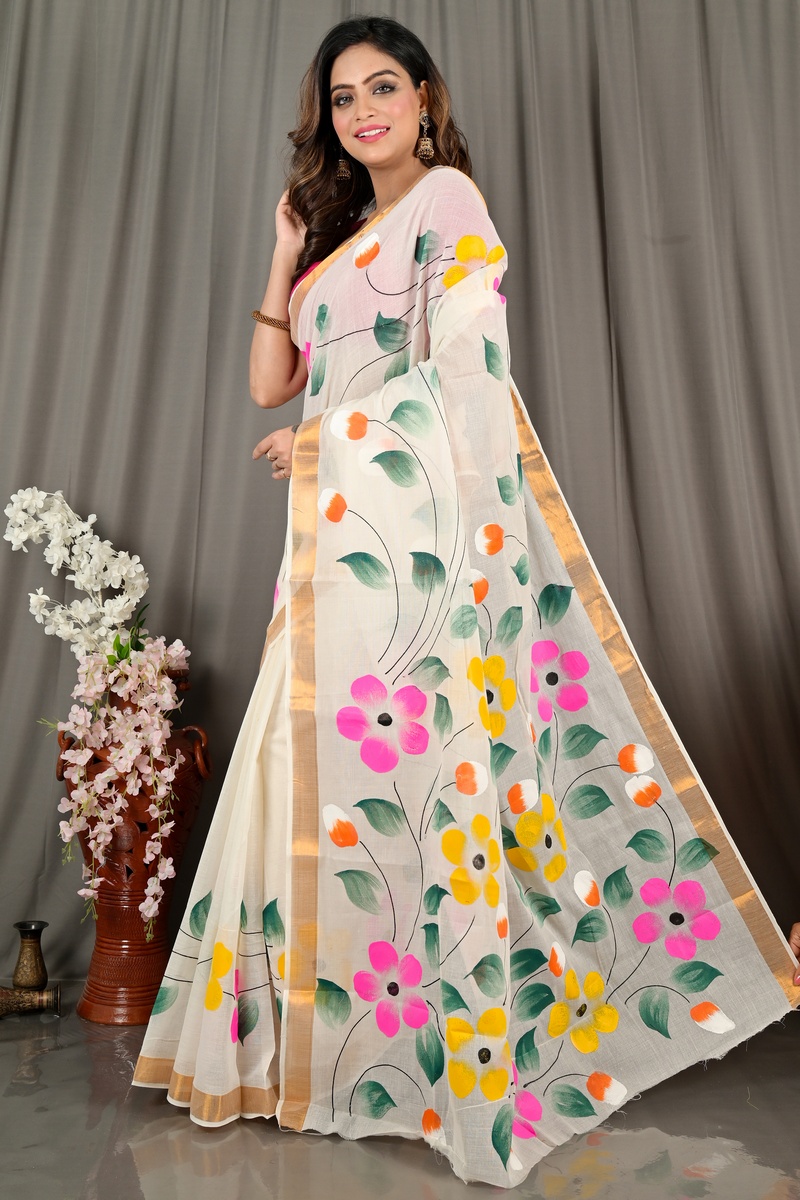 Multi-Coloured Pure Cotton Hataka Hand Painted Saree (9075)