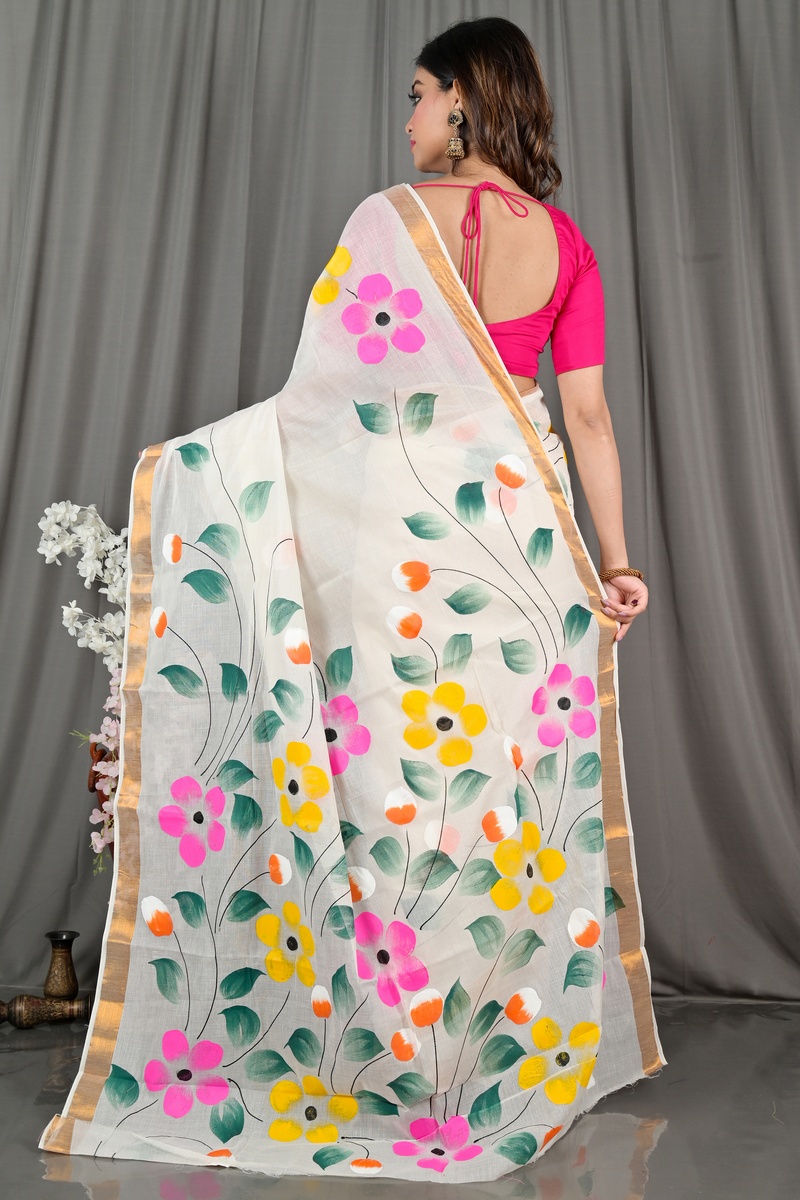 Multi-Coloured Pure Cotton Hataka Hand Painted Saree (9075)