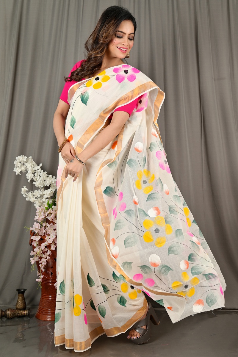 Multi-Coloured Pure Cotton Hataka Hand Painted Saree (9075)