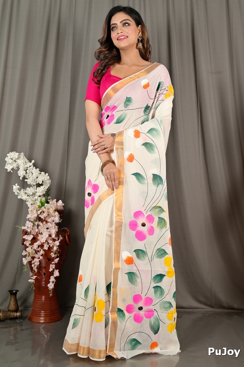 Multi-Coloured Pure Cotton Hataka Hand Painted Saree (9075)