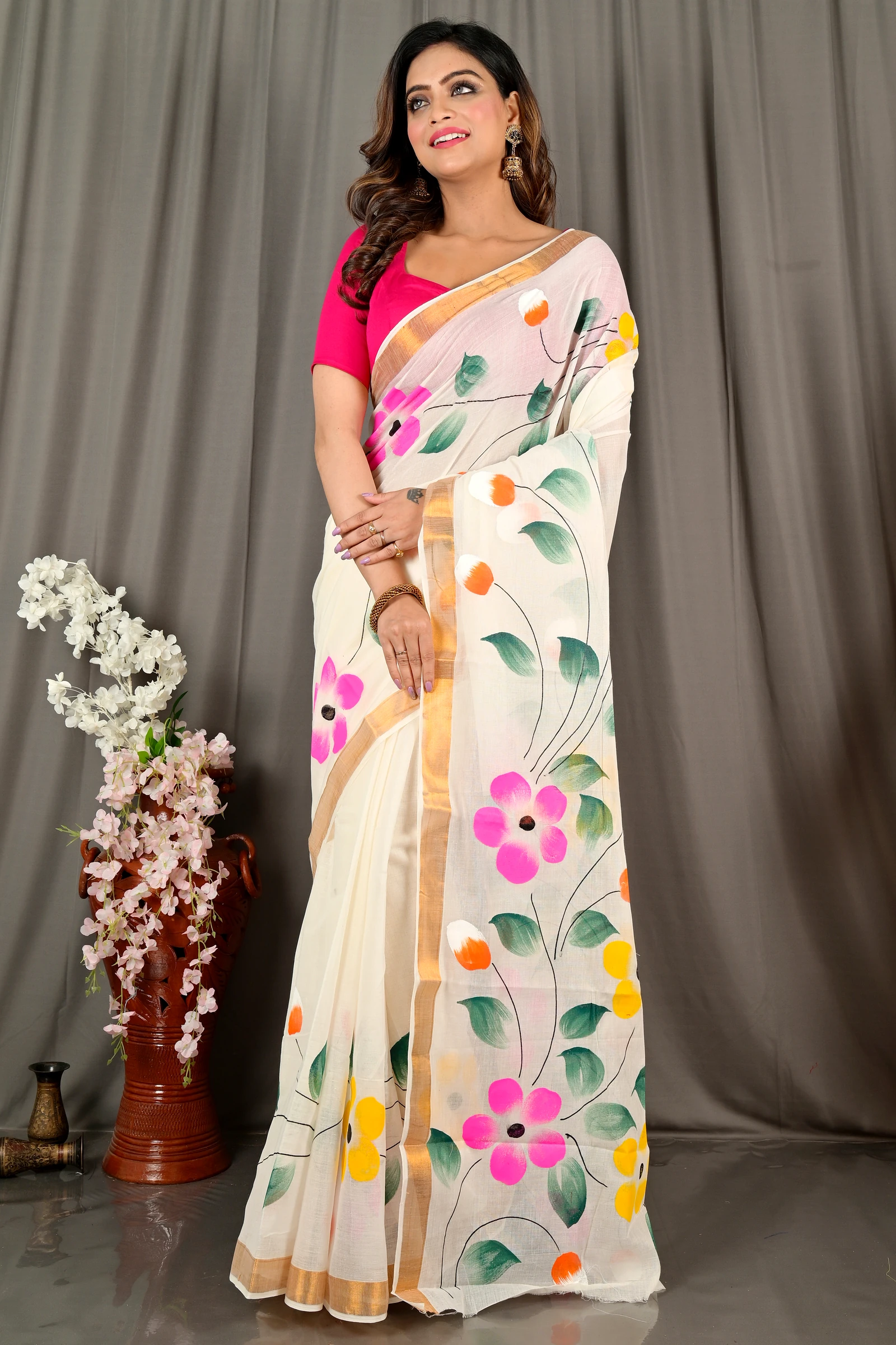 Multi-Coloured Pure Cotton Hataka Hand Painted Saree (9075)