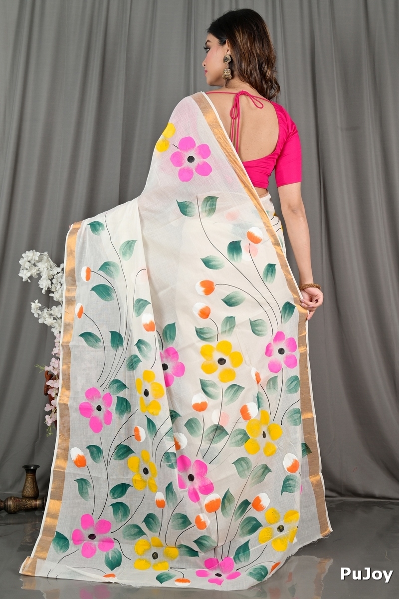 Multi-Coloured Pure Cotton Hataka Hand Painted Saree (9075)