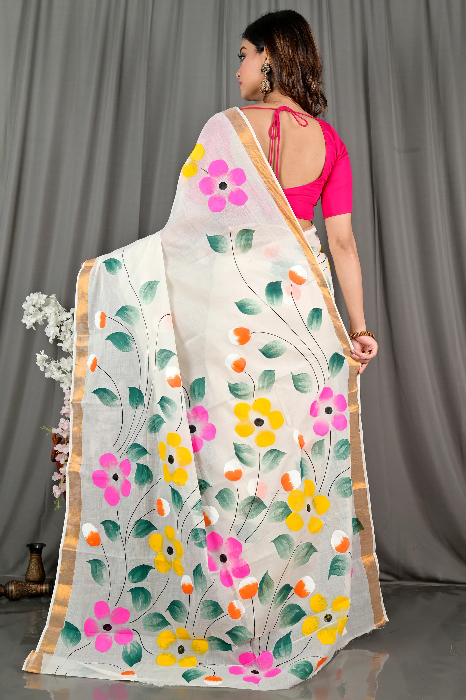 Multi-Coloured Pure Cotton Hataka Hand Painted Saree (9075)