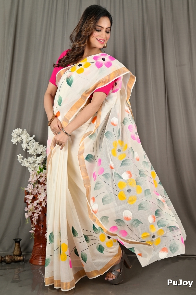 Multi-Coloured Pure Cotton Hataka Hand Painted Saree (9075)