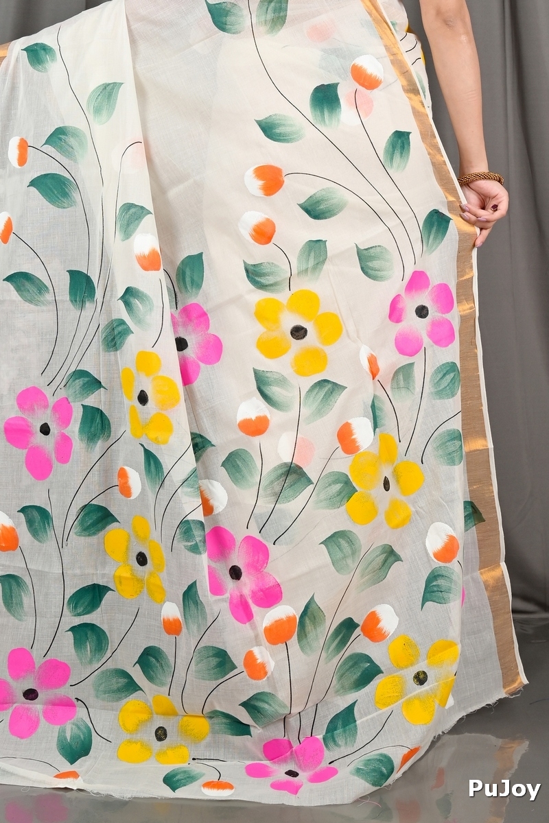 Multi-Coloured Pure Cotton Hataka Hand Painted Saree (9075)