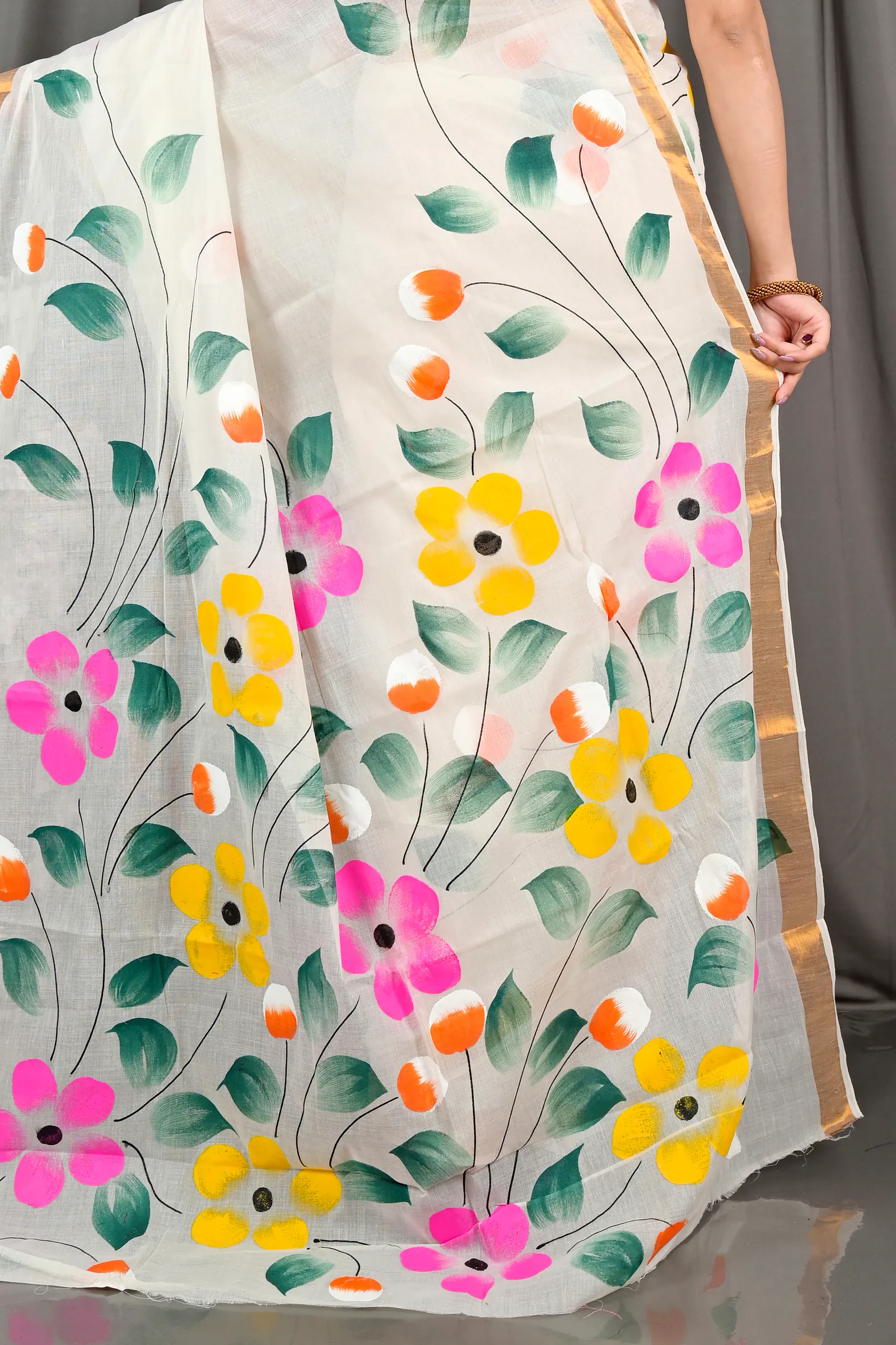 Multi-Coloured Pure Cotton Hataka Hand Painted Saree (9075)