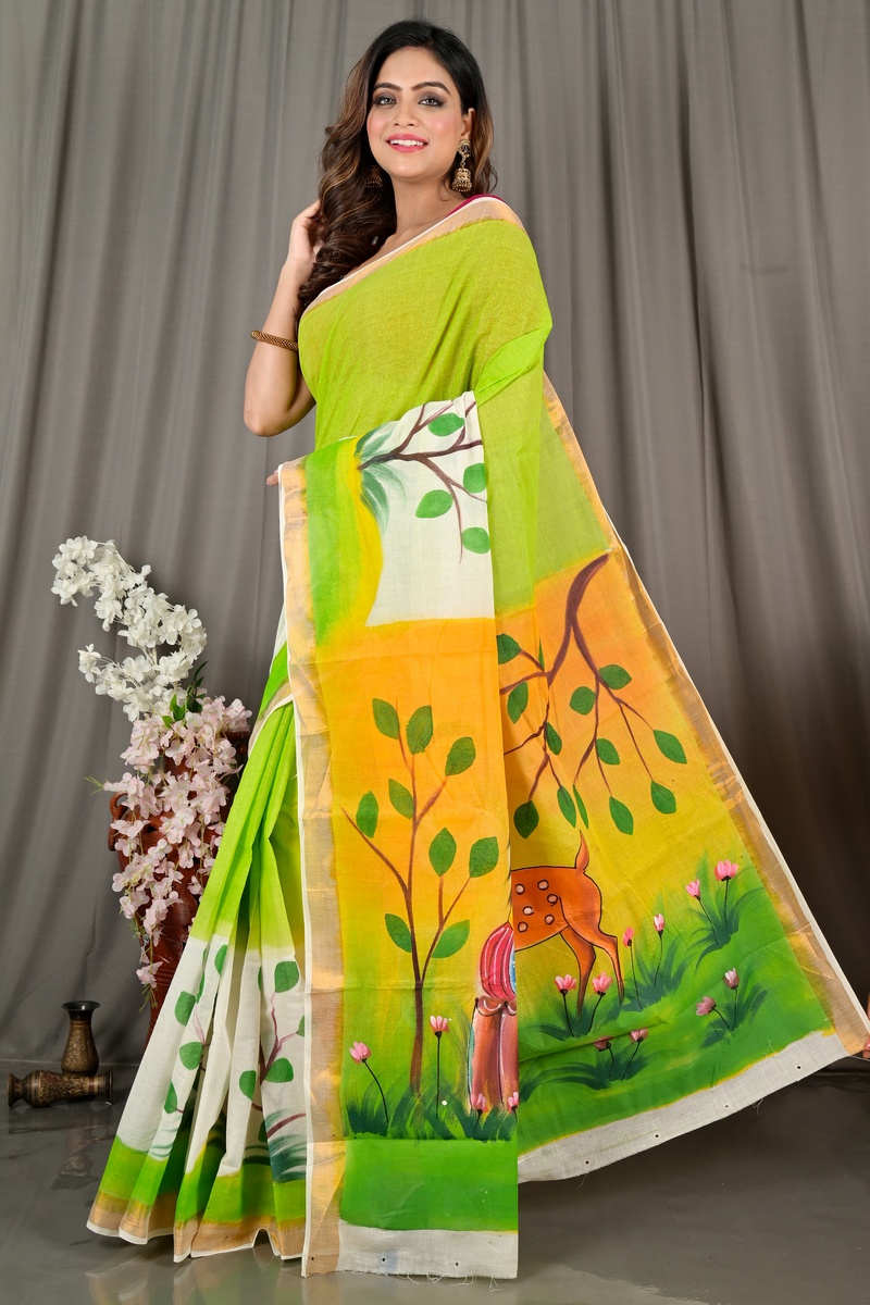 Green White Pure Cotton Hataka Hand Painted Saree (9076)