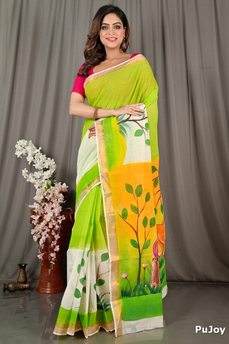 Green White Pure Cotton Hataka Hand Painted Saree (9076)