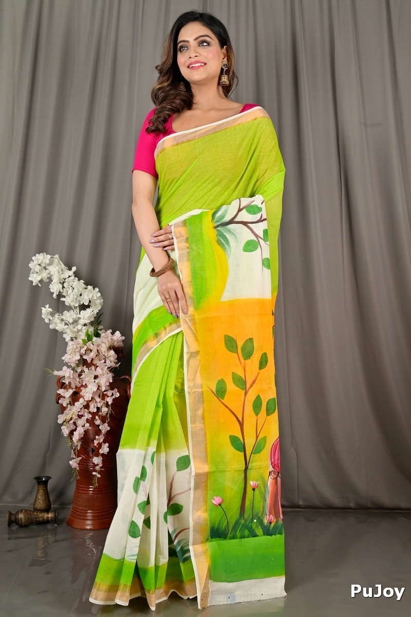 Green White Pure Cotton Hataka Hand Painted Saree (9076)