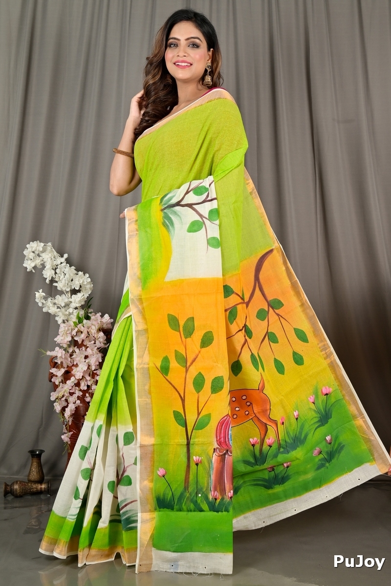 Green White Pure Cotton Hataka Hand Painted Saree (9076)