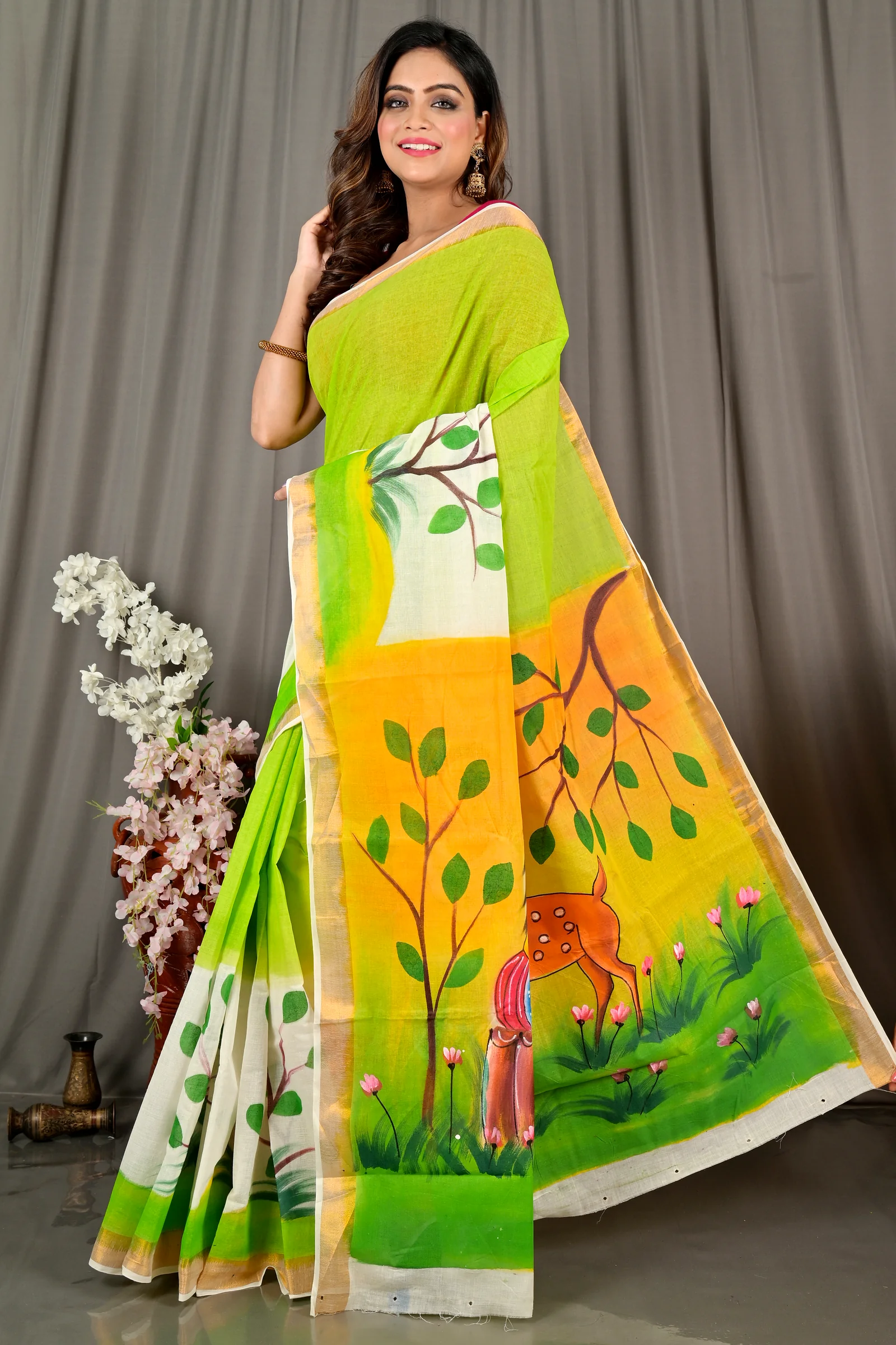 Green White Pure Cotton Hataka Hand Painted Saree (9076)