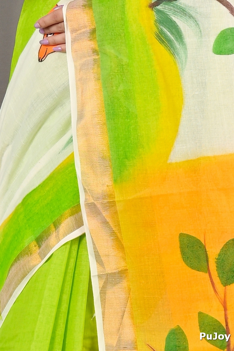 Green White Pure Cotton Hataka Hand Painted Saree (9076)