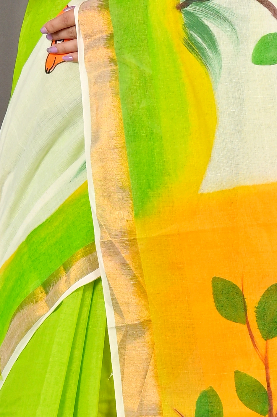 Green White Pure Cotton Hataka Hand Painted Saree (9076)