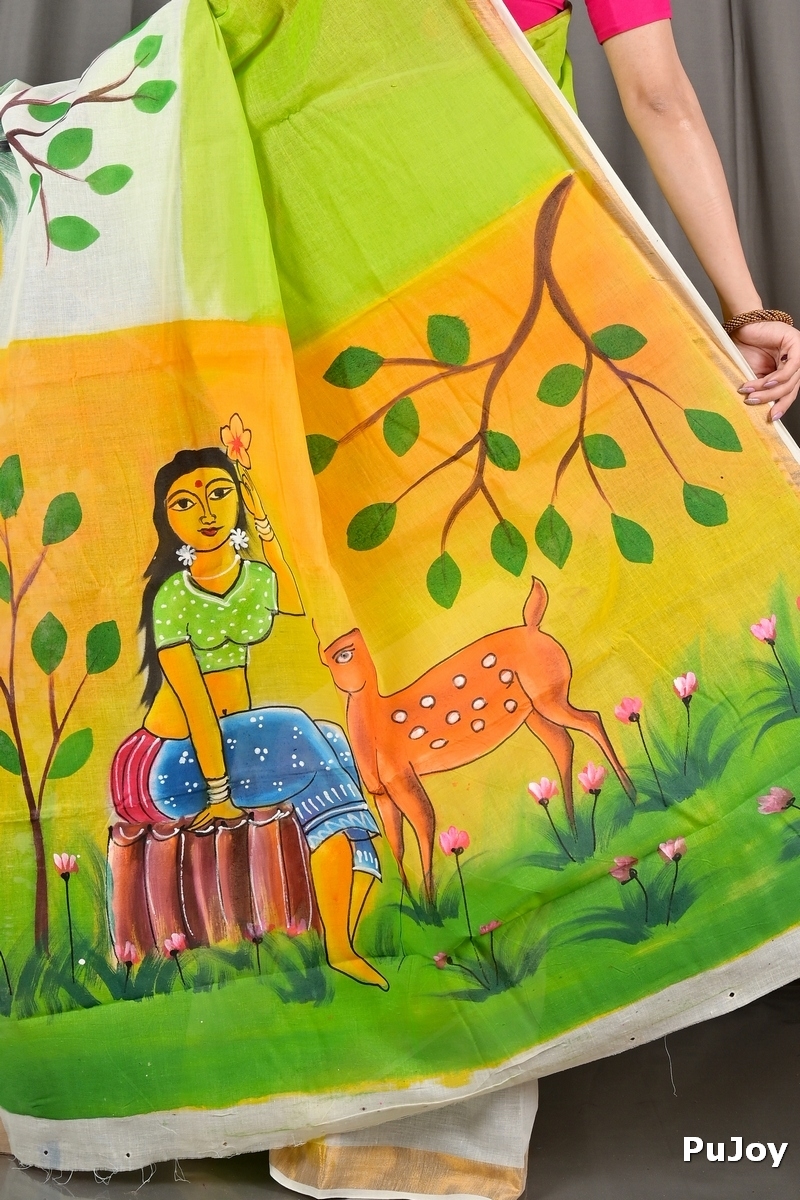 Green White Pure Cotton Hataka Hand Painted Saree (9076)