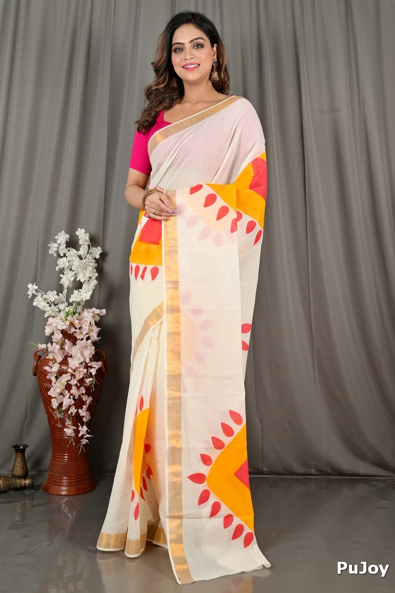 Multi-Coloured Pure Cotton Hataka Hand Painted Saree (9077)