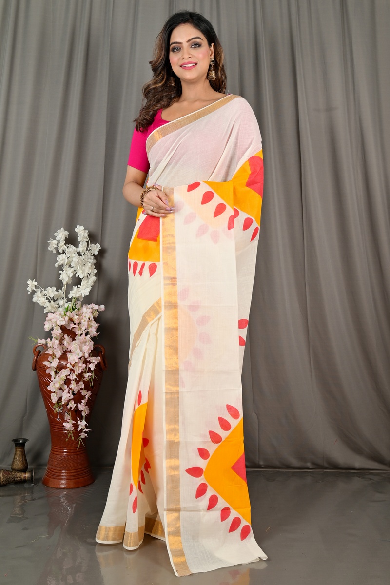 Multi-Coloured Pure Cotton Hataka Hand Painted Saree (9077)