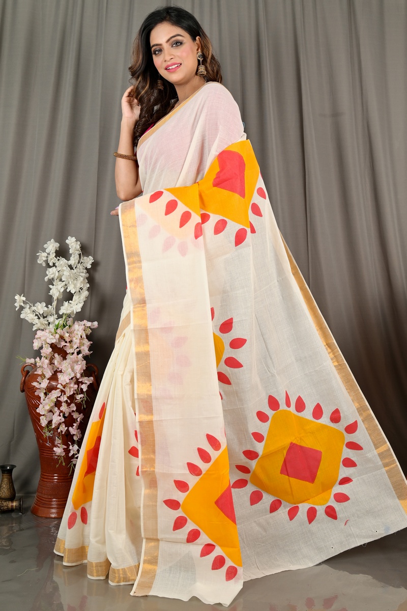 Multi-Coloured Pure Cotton Hataka Hand Painted Saree (9077)