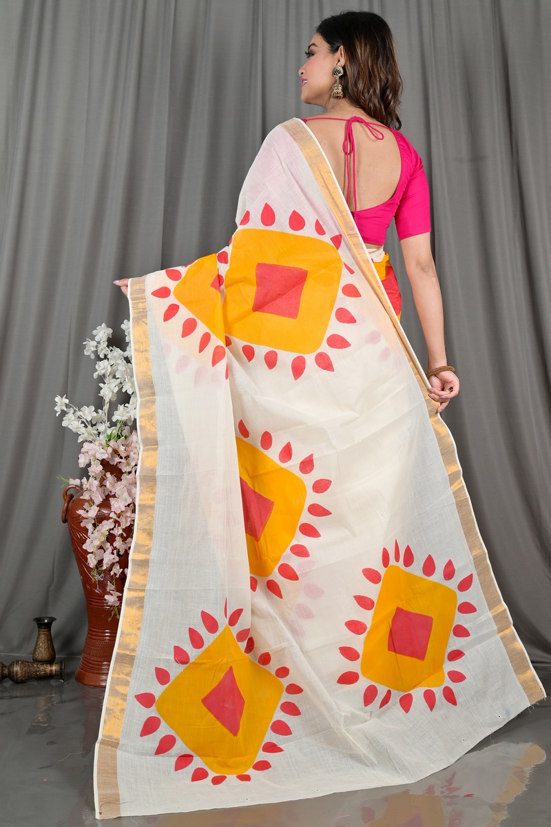 Multi-Coloured Pure Cotton Hataka Hand Painted Saree (9077)