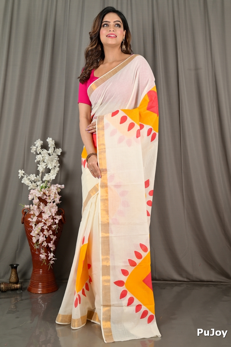 Multi-Coloured Pure Cotton Hataka Hand Painted Saree (9077)