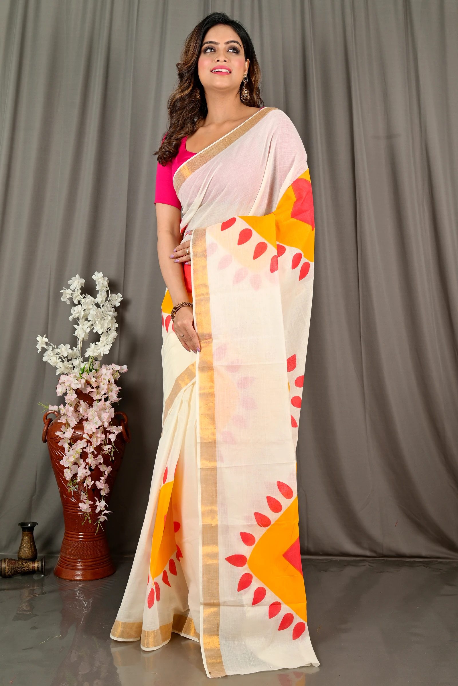 Multi-Coloured Pure Cotton Hataka Hand Painted Saree (9077)