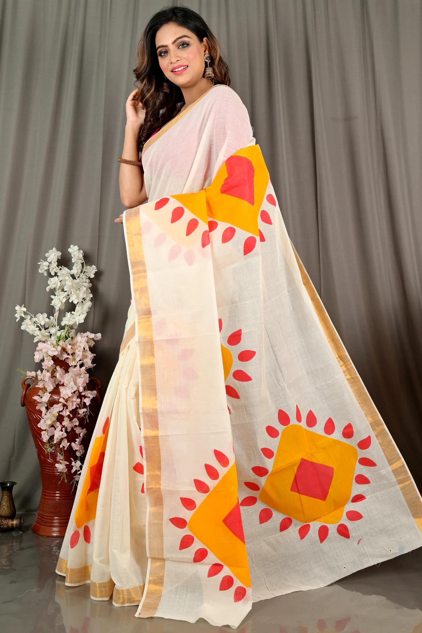 Multi-Coloured Pure Cotton Hataka Hand Painted Saree (9077)