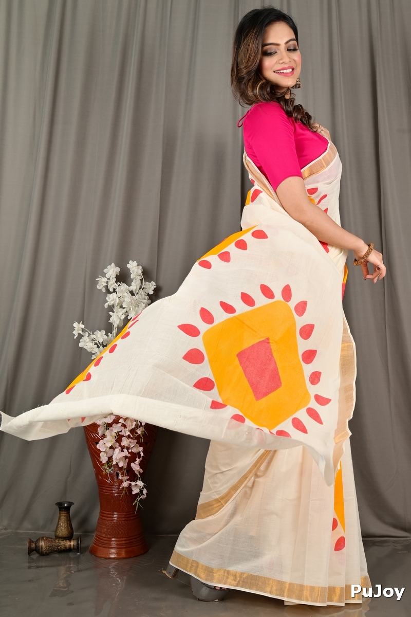 Multi-Coloured Pure Cotton Hataka Hand Painted Saree (9077)