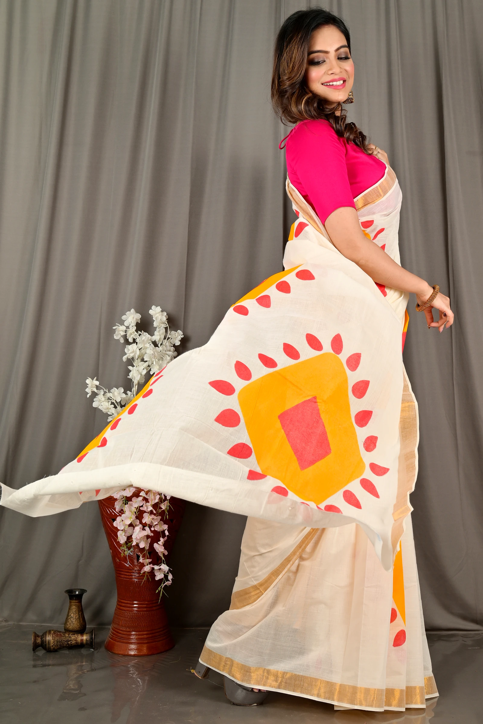 Multi-Coloured Pure Cotton Hataka Hand Painted Saree (9077)