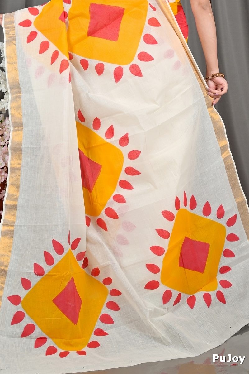 Multi-Coloured Pure Cotton Hataka Hand Painted Saree (9077)