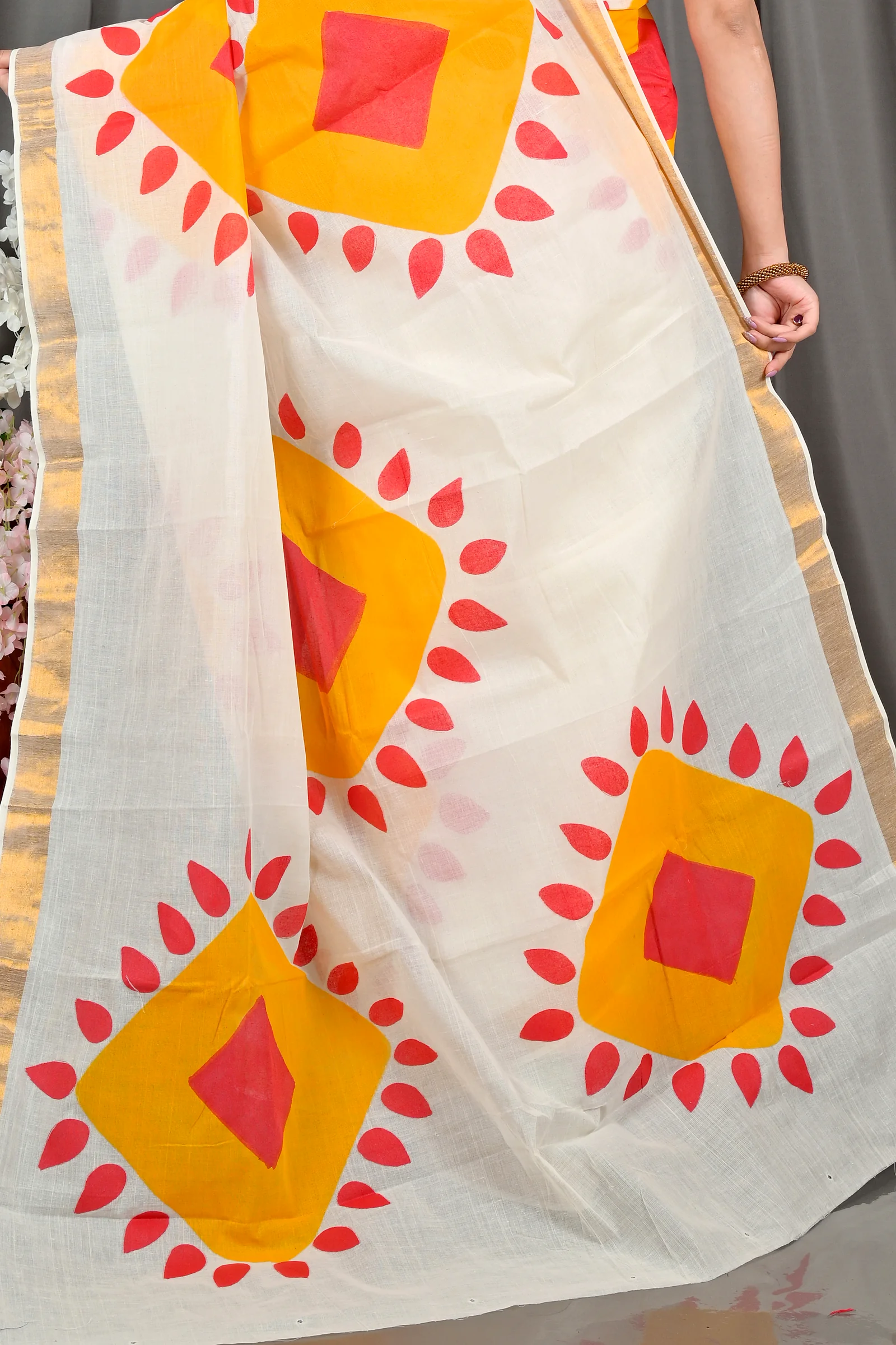 Multi-Coloured Pure Cotton Hataka Hand Painted Saree (9077)