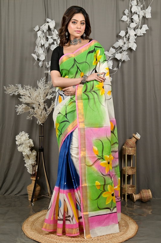 Multi-Coloured Pure Cotton Hataka Hand Painted Saree (9078)