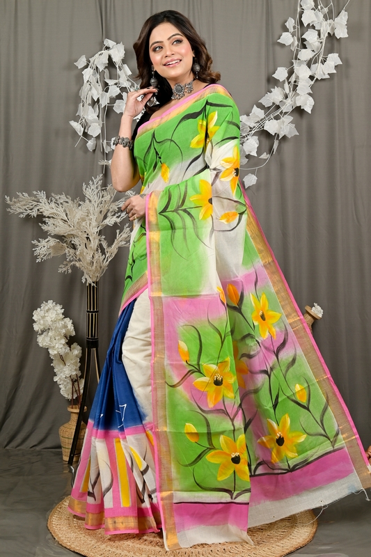 Multi-Coloured Pure Cotton Hataka Hand Painted Saree (9078)