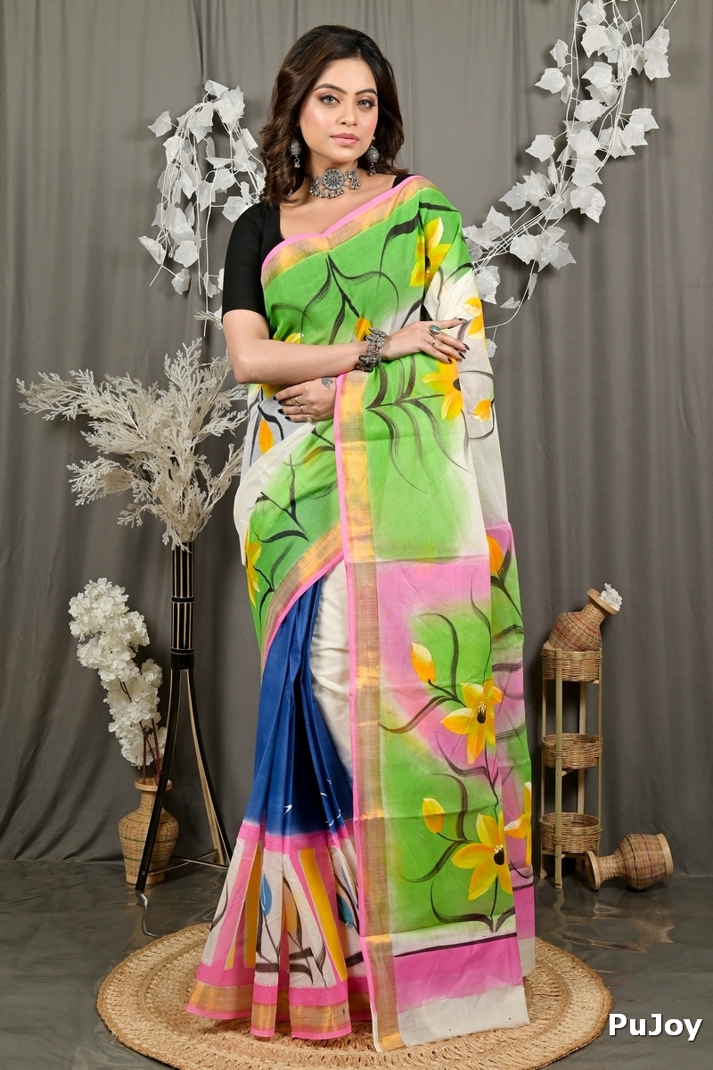 Multi-Coloured Pure Cotton Hataka Hand Painted Saree (9078)