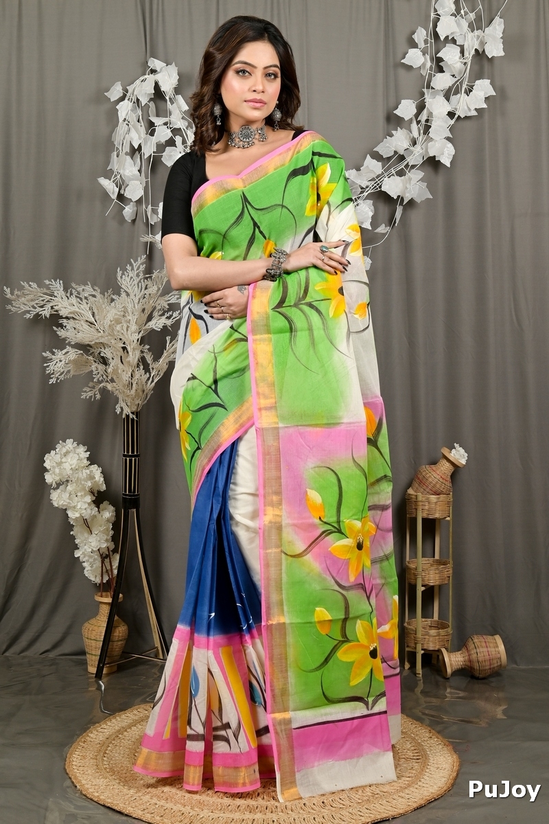 Multi-Coloured Pure Cotton Hataka Hand Painted Saree (9078)
