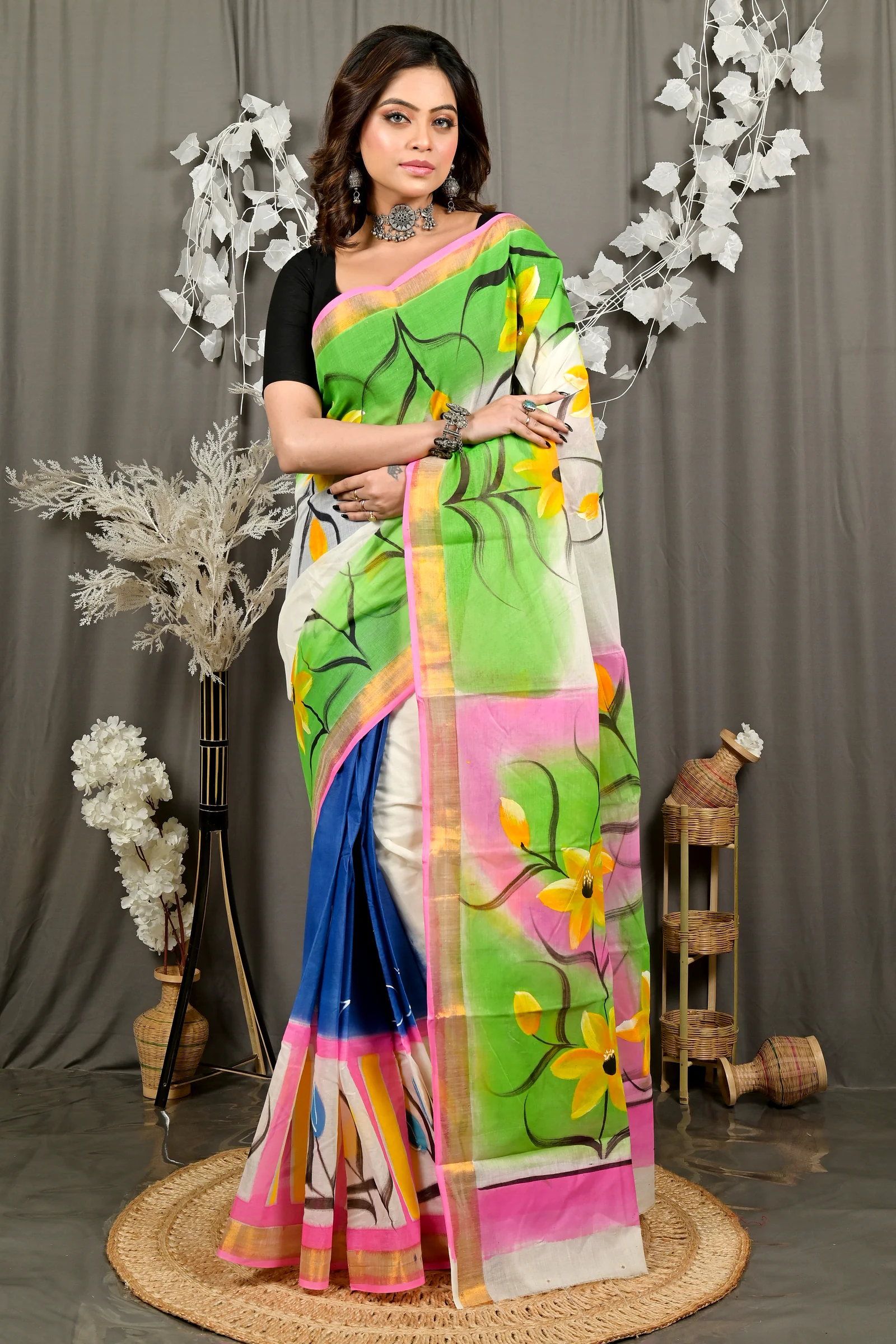 Multi-Coloured Pure Cotton Hataka Hand Painted Saree (9078)