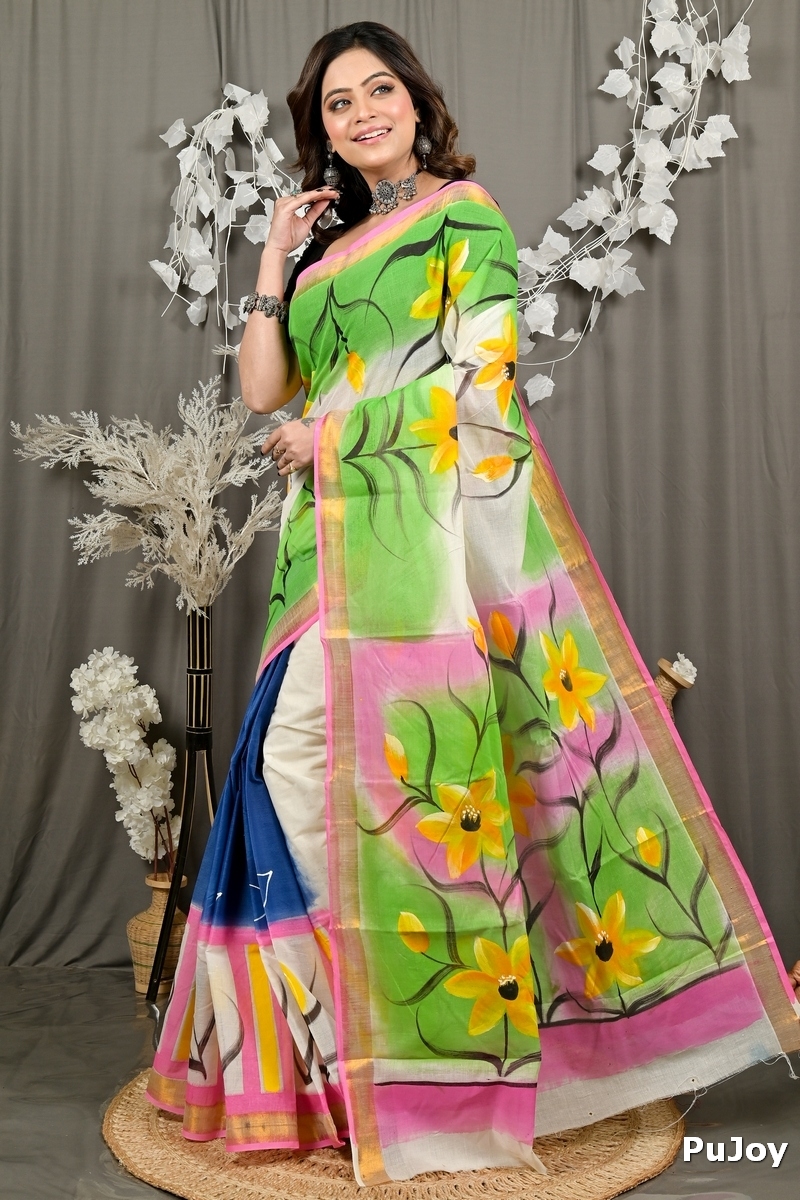 Multi-Coloured Pure Cotton Hataka Hand Painted Saree (9078)