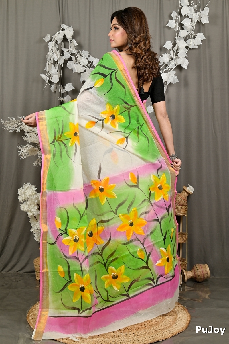 Multi-Coloured Pure Cotton Hataka Hand Painted Saree (9078)